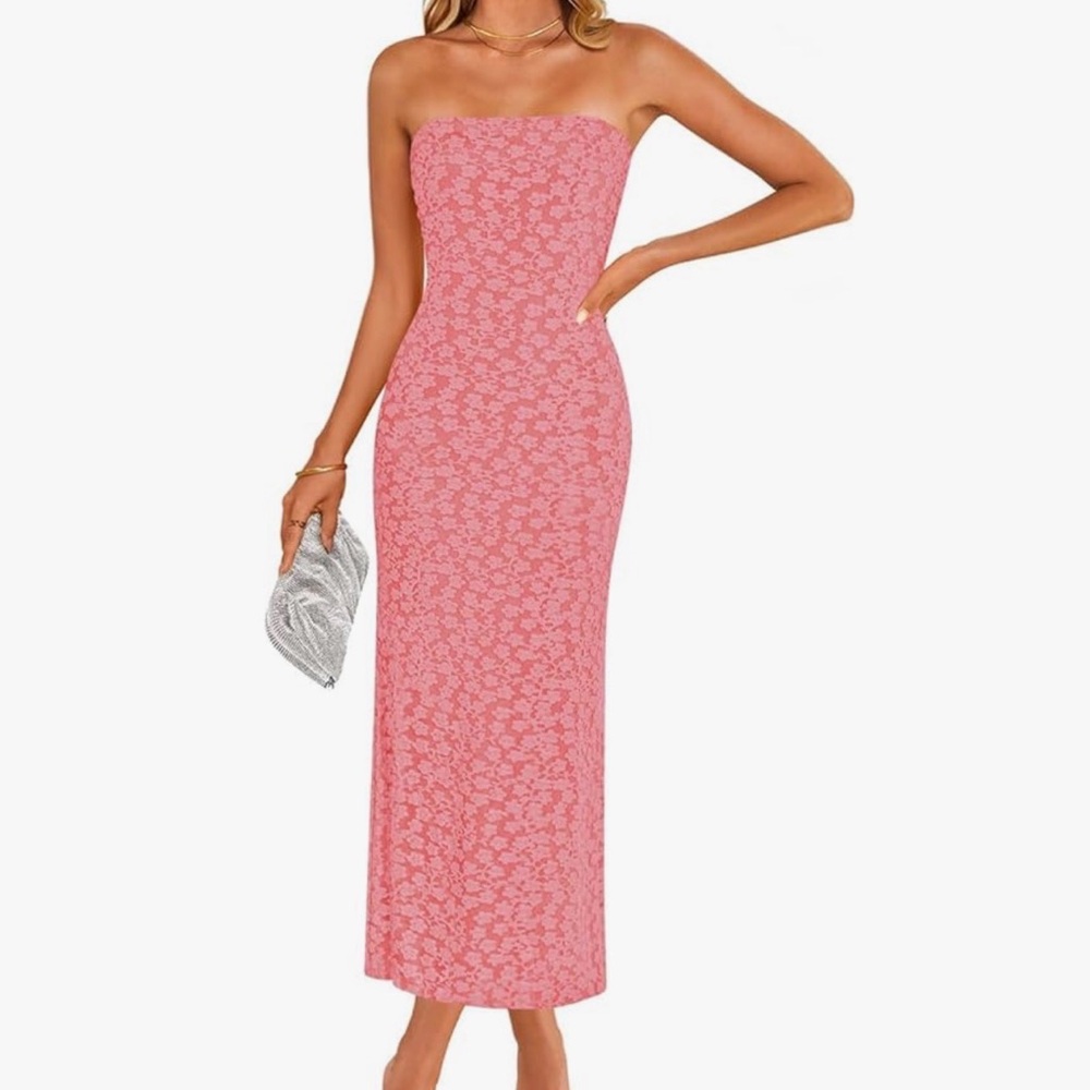 Pink Floral Strapless Midi Dress